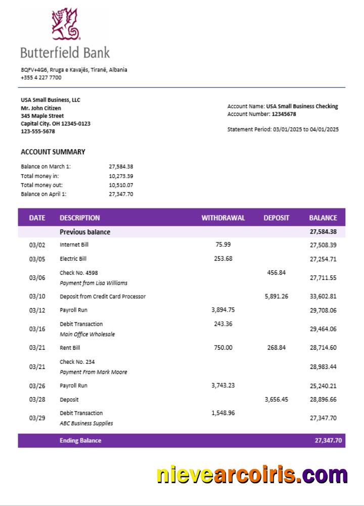 Butterfield bank organization checking account statement